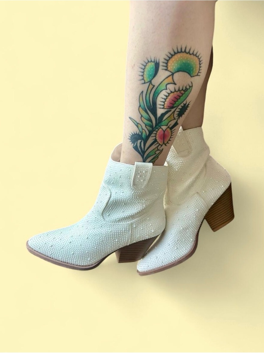 White Embellished Western Ankle Boots